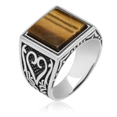 Kare Kaplan Gözü Taşlı 925 Gümüş Erkek Yüzük thumbnail 6