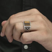 Kare Kaplan Gözü Taşlı 925 Gümüş Erkek Yüzük thumbnail 7