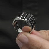 2 Sıra Dik Siyah Baget Taşlı 925 Gümüş Erkek Yüzük - 7