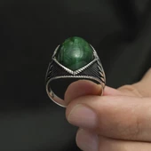 Yeşil Kaplan Gözü Taşlı Oval 925 Gümüş Erkek Yüzük thumbnail 5