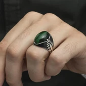 Yeşil Kaplan Gözü Taşlı Oval 925 Gümüş Erkek Yüzük thumbnail 9