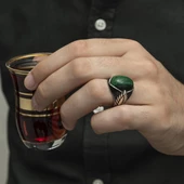 Yeşil Kaplan Gözü Taşlı Oval 925 Gümüş Erkek Yüzük thumbnail 11