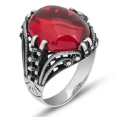 Kırmızı Lal Taşlı Oval 925 Gümüş Erkek Yüzük - 6