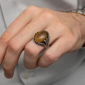 Kaplan Gözü Taşlı Oval 925 Gümüş Erkek Yüzük thumbnail 2