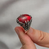 Kırmızı Lal Taşlı Oval 925 Gümüş Erkek Yüzük - 5