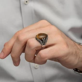 Kaplan Gözü Taşlı Oval 925 Gümüş Erkek Yüzük thumbnail 8