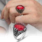 Kırmızı Lal Taşlı Oval 925 Gümüş Erkek Yüzük - 1