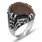 Kaplan Gözü Taşlı Oval 925 Gümüş Erkek Yüzük thumbnail 11