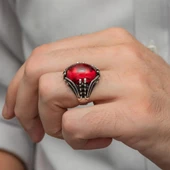 Kırmızı Lal Taşlı Oval 925 Gümüş Erkek Yüzük - 8