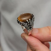 Kaplan Gözü Taşlı Oval 925 Gümüş Erkek Yüzük thumbnail 7