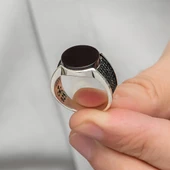 Siyah Oniks Yuvarlak Taşlı 925 Gümüş Erkek Yüzük thumbnail 5