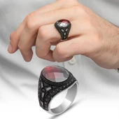 Siyah kaplama Kırmızı Taşlı 925 Gümüş Erkek Yüzük - 9