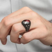 Siyah kaplama Kırmızı Taşlı 925 Gümüş Erkek Yüzük - 5