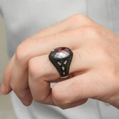 Siyah kaplama Kırmızı Taşlı 925 Gümüş Erkek Yüzük - 6