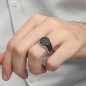 Siyah Oniks Yuvarlak Taşlı 925 Gümüş Erkek Yüzük thumbnail 4