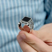 Kare Oniks Taşlı 925 Gümüş Erkek Yüzük - 8