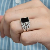 Kare Oniks Taşlı 925 Gümüş Erkek Yüzük - 5