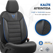 Otom Toro Design Ortopedik Ekstra Destekli Oto Koltuk Kılıfı Özel Pamuklu Kumaş Tam Set - Siyah-Mavi - 4