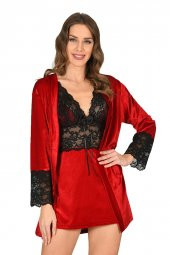 Kadife Kırmızı Sabahlık Takım thumbnail 1