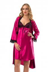 Saten Fuşya Gecelik Sabahlık Takım thumbnail 2