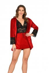 Kadife Kırmızı Sabahlık Takım thumbnail 2