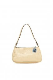 Bagmori Krem Fitilli Parlak Kroko Baget Çanta - 1