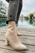 Günlük Kadın Streç Triko Kalın Yüksek Topuklu Bot Bootie Çorap Şeritli Sivri Burun Ayakkabı 167 - 8