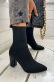 Günlük Kadın Streç Triko Kalın Yüksek Topuklu Bot Bootie Çorap Şeritli Sivri Burun Ayakkabı 167 - 1