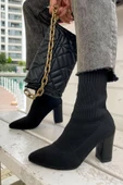 Günlük Kadın Streç Triko Kalın Yüksek Topuklu Bot Bootie Çorap Şeritli Sivri Burun Ayakkabı 167 - 3