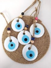 5 Adet Delikli Beyaz Nazar Boncuğu 5 cm Kötü Göz Kovucu İpli Ahşap Boncuklu Nazarlık Ağaç Süsü Ağaç Ev Bahçe Süsleme - 1