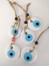 5 Adet Delikli Beyaz Nazar Boncuğu 5 cm Kötü Göz Kovucu İpli Ahşap Boncuklu Nazarlık Ağaç Süsü Ağaç Ev Bahçe Süsleme - 2
