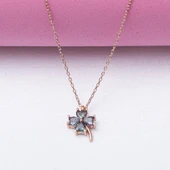 Topaz Taşlı Yonca Model-1 925 Ayar Gümüş Rose Rengi Kadın Kolye thumbnail 2