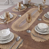 Amerikan Servis Supla ve Runner Seti 7 Parça Set Nakışlı Bej Masa Ve Sunum Takımı 6'lı Oval Amerikan Servis - 5