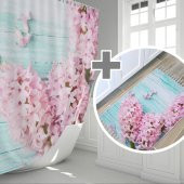 Lila Banyo Paspas Seti, 50x80 Püsküllü Paspas ve 180x200 cm Banyo Perdesi Takımı, Klozet Takımı - 1