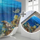 Akvaryum Desen Banyo Paspası Takımı, Mavi Banyo Perdesi, Mavi Paspas, 50x80 cm Paspas Seti - 1