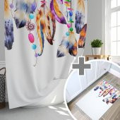 Renkli Tüy Desen Banyo Duş Perdesi-180x200cm Duşakabin Perdesi ve Paspası, Dream Catcher Paspas Seti thumbnail 1