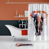 Renkli Fil Desenli Banyo Perdesi Takımı, Dijital Baskılı Paspas Hedhiyeli Duş Perdesi, 12 C Halkalı thumbnail 3