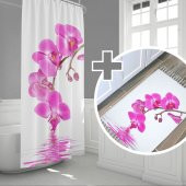 Orkide Desen Banyo Perdesi, Baskılı Paspas Takımı, Tek Kanat Su Geçirmez Banyo Perdesi Paspas Seti - 1