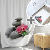 Banyo Paspas Seti, Taş Desen Banyo Perdesi Takımı, Yıkanabilir Paspas Ve Duş Perdesi Seti, C Halkalı thumbnail 1