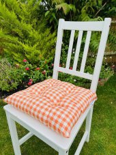 4lü Pamuklu Minder Seti Ekose Turuncu Bağcıklı Bahçe Sandalye Minderi-40x40 cm 4 Adet Minder Seti - 1
