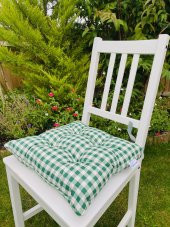 2li Bahçe Minderi 40x40 cm Ahşap Sandalye Minderi, Ekose Yeşil Bağcıklı Sandalye Minderi - 1
