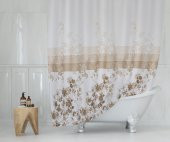 Çiçekli Banyo Duş Perdesi-Kahverengi Renk Duş Perdesi, Tek Kanat Küvet Perdesi 180x200 cm - 1