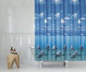 Mavi Yunus Desen Banyo Perdesi-Mavi Renk Duş Perdesi, 180x200 cm Küvet Perdesi - 1