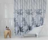 Duş Perdesi-Palmiye Desen Banyo Perdesi, 180x200cm Tek Kanat Duş Perdesi 12 Adet C Halka HEDİYELİ - 1