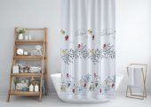 Renkli Dal ve Kuş Desen Banyo Perdesi-180x200cm Tek Kanat Duş Perdesi 12 Adet C Halka Hediyeli Perde - 1