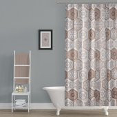 Kahverengi Şal Desen Duş Perdesi-12 Adet C Halka HEDİYE Banyo Perdesi, Geometrik Desen Küvet Perdesi - 1