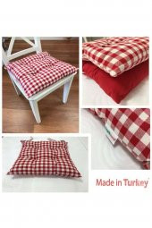 Yeni Yıla Özel Ekose Kırmızı Sandalye Minderi Pamuklu Pofidik Kare Minder Bağcıklı Sandalye Minderi - 4