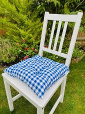 Ekose Mavi Renk Pamuklu Kumaş Pofidik Kare Dekoratif Sandalye Minderi 35x35 cm - 1
