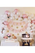 Pembe Gold Happy Banner Ve 100 Adet Metalik Balon Ve Balon Zinciri Pembe Konsept Banner Ve Balon - 1