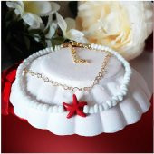 Altın Kaplama Kalpli Zincir Beyaz Kesme Boncuk İkili Kadın Deniz Yıldızı Halhal thumbnail 1